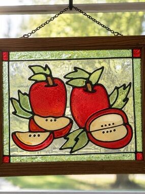 VTG Stained Glass Apples Wood Frame Hanging Panel Window 12x10" Sun Catcher